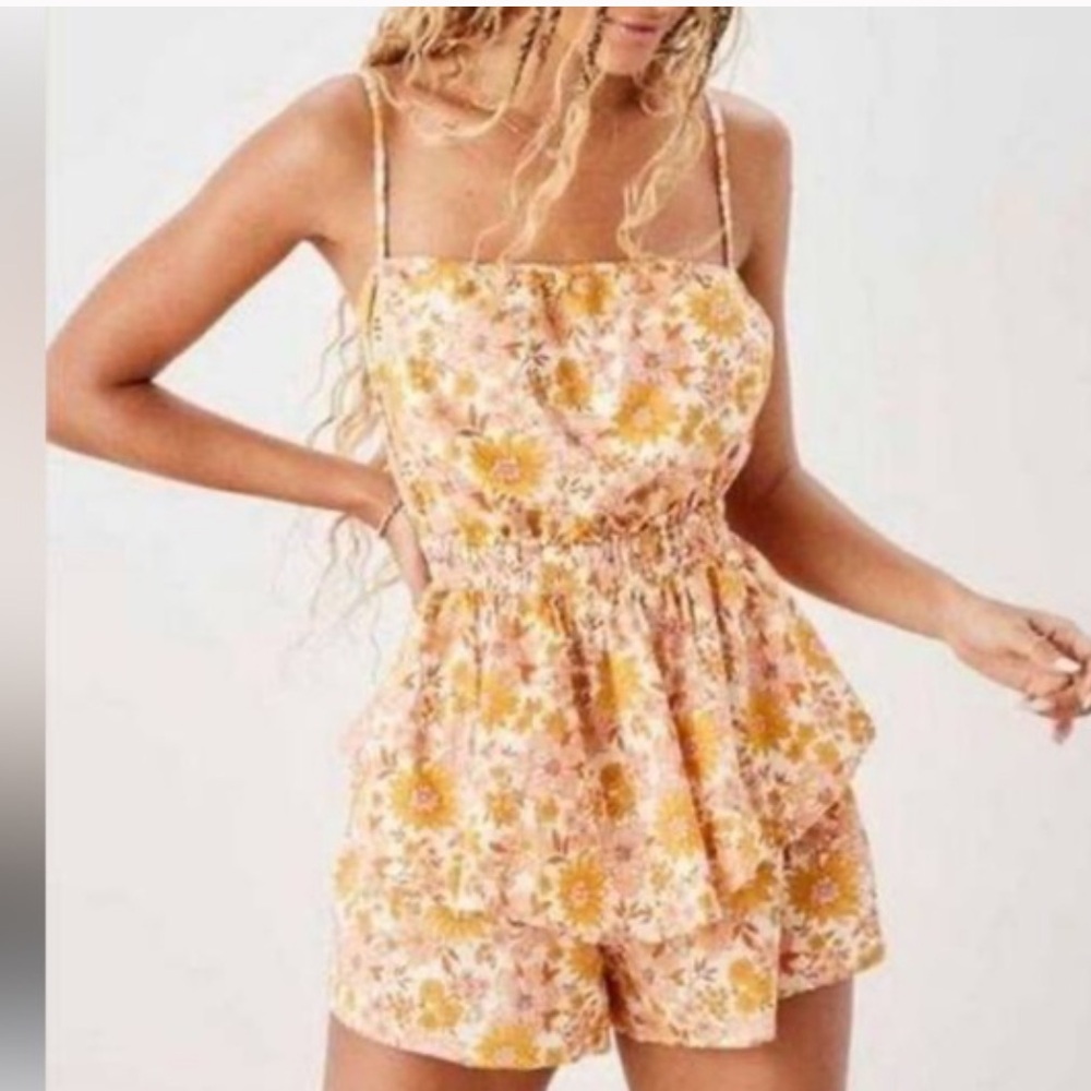 American Eagle Outfitters strapless Floral Romper in orange in size Medium